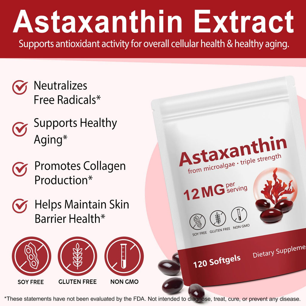Xaarty Premium Astaxanthin 12mg, Natural Antioxidant Supplement for Eye, Joint, Skin Health,Microalgae Source, 4 Month Supply | Supports Internal Circulation, 120 Softgels