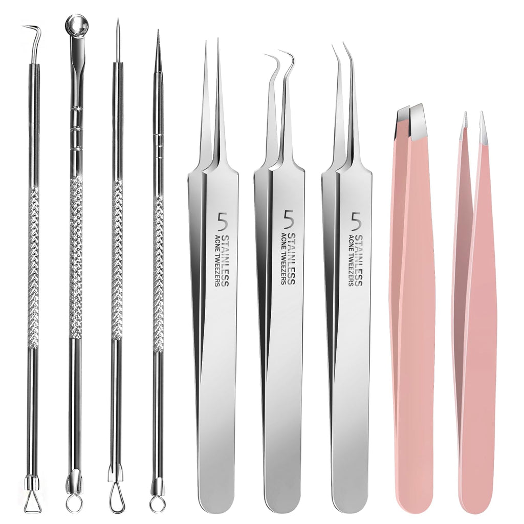 Teenitor 9 Pcs Professional Blackhead Tweezers and Pimple Popper Tool Kit, Stainless Steel Blackhead Remover Tools