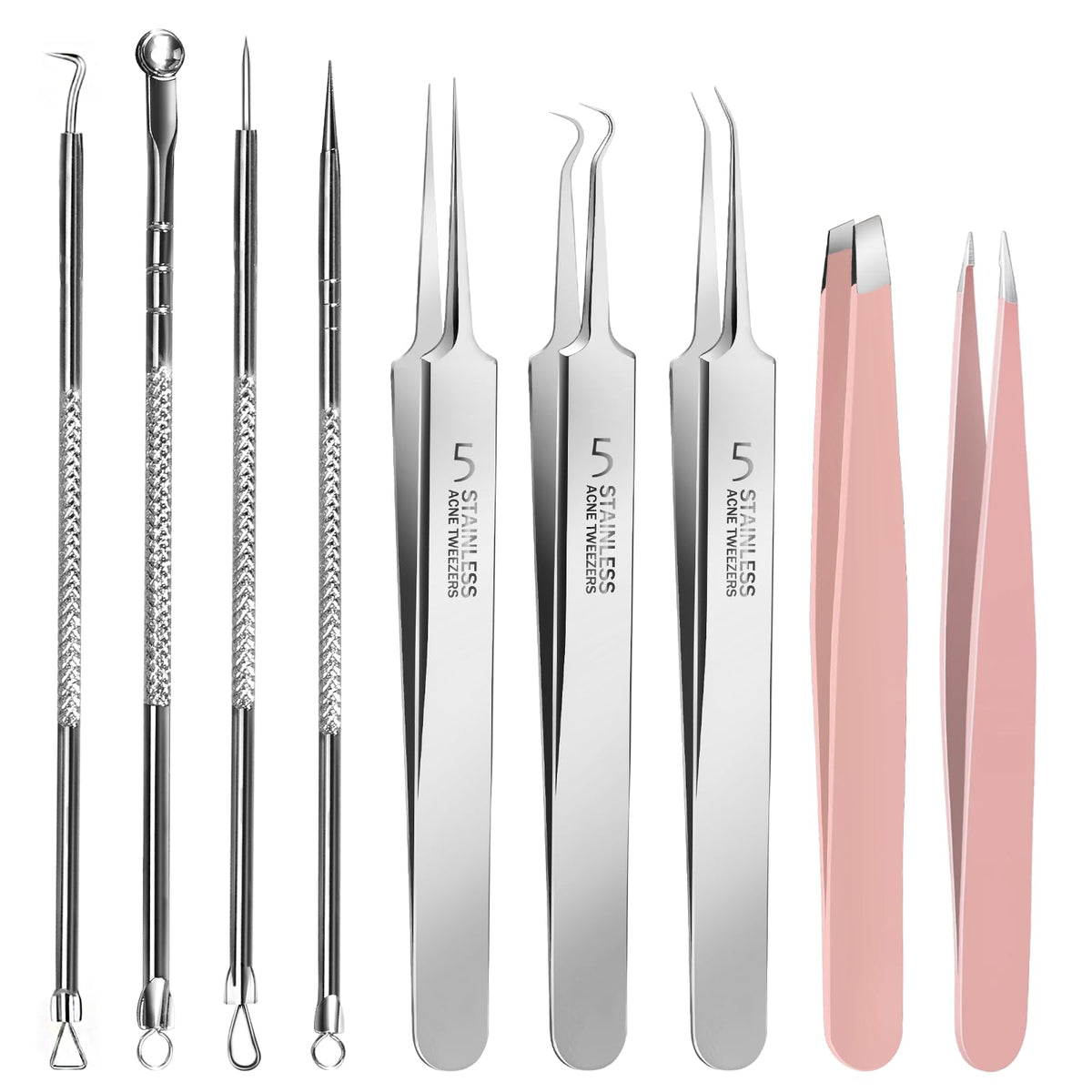 Teenitor 9 Pcs Professional Blackhead Tweezers and Pimple Popper Tool Kit, Stainless Steel Blackhead Remover Tools