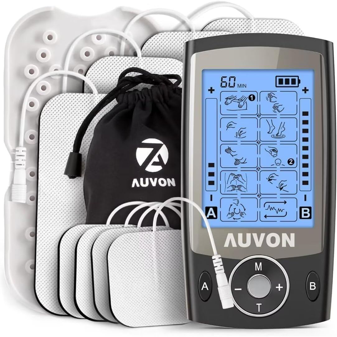 Buy now AUVON Dual Channel TENS Unit Muscle Stimulator Machine with 20 Modes, 2" and 2"x4" TENS Unit Electrode Pads Black at indiglob india