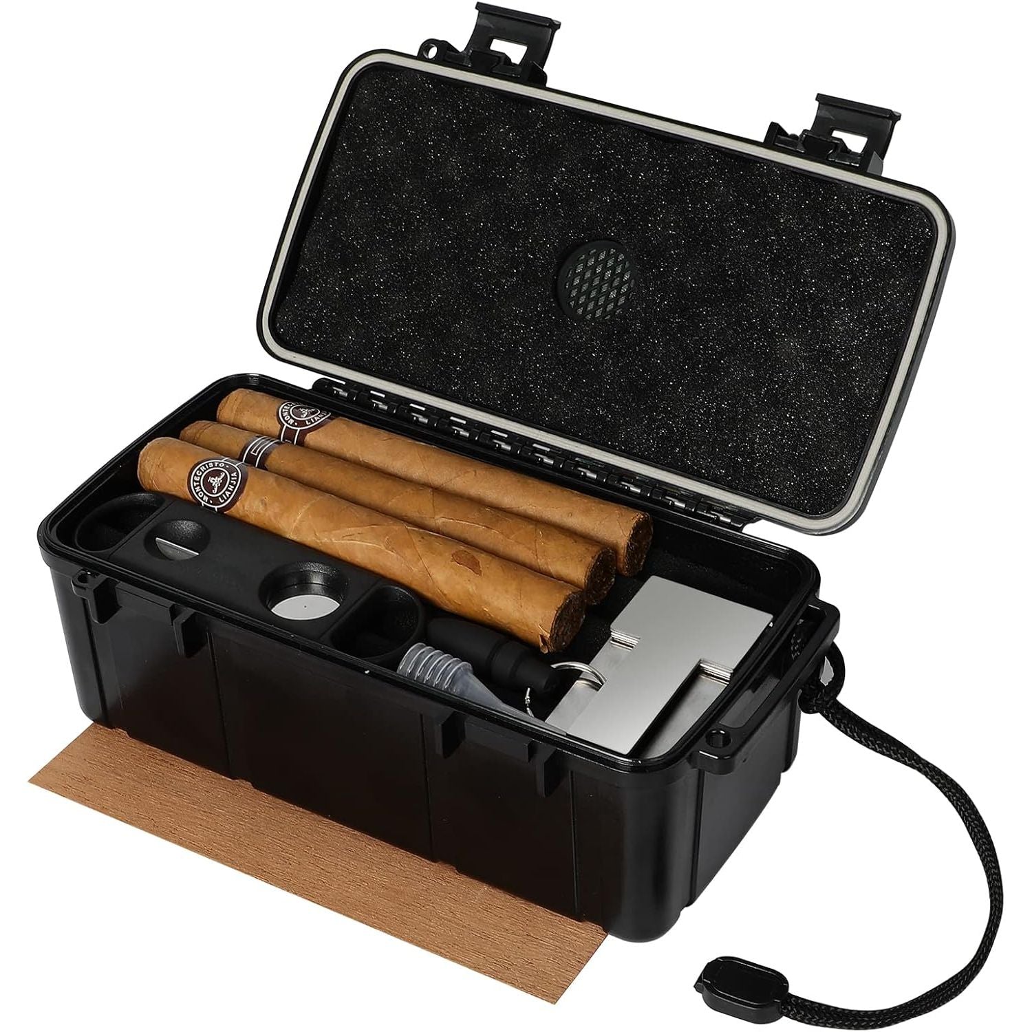 Buy now Travel Humidor Box With Cigar Accessories - Spanish Cedar, Humidifier, Cutter, Stand, Punch - Holds 4-5 Cigars - Waterproof, Crushproof, Airtight Seal store 12-15 cigars at indiglob india
