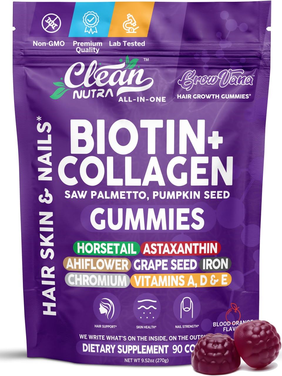 Biotin Gummies for Hair Growth, Hair Vitamins for Women with Collagen Keratin Zinc Saw Palmetto Horsetail Astaxanthin Pumpkin Seed MSM Grape Seed Iron Vitamins A D E, GrowVana by Clean Nutra 90 Count