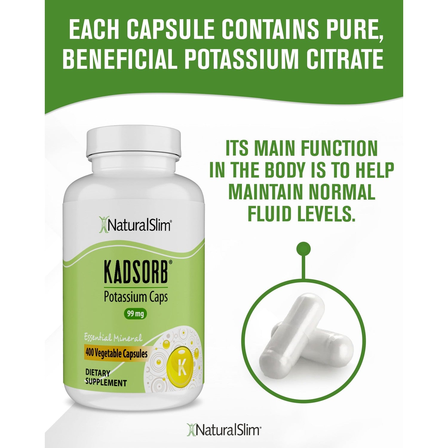 NaturalSlim Kadsorb Potassium Citrate Gluconate 99 mg, 400 Capsules 1 Pack | Supports Electrolyte Balance and Normal pH, Absorbable Potassium Supplements with Essential Minerals, Non GMO