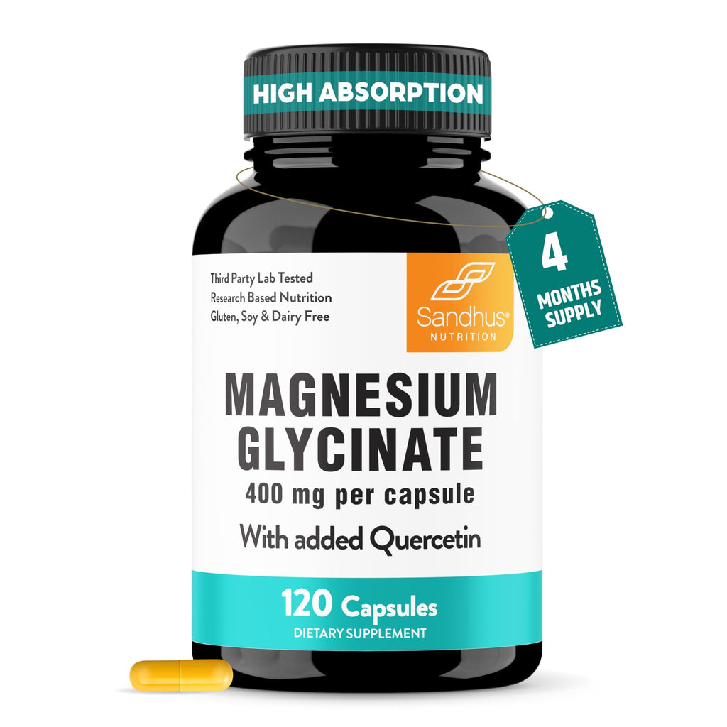 Magnesium Glycinate 400mg Capsules with Quercetin for Men & Women 120 Count | Pure Chelated Magnesium For Good Sleep, Relaxation | High Absorption, USA Made NSF GMP Certified 3rd Party Tested | Sandhu's