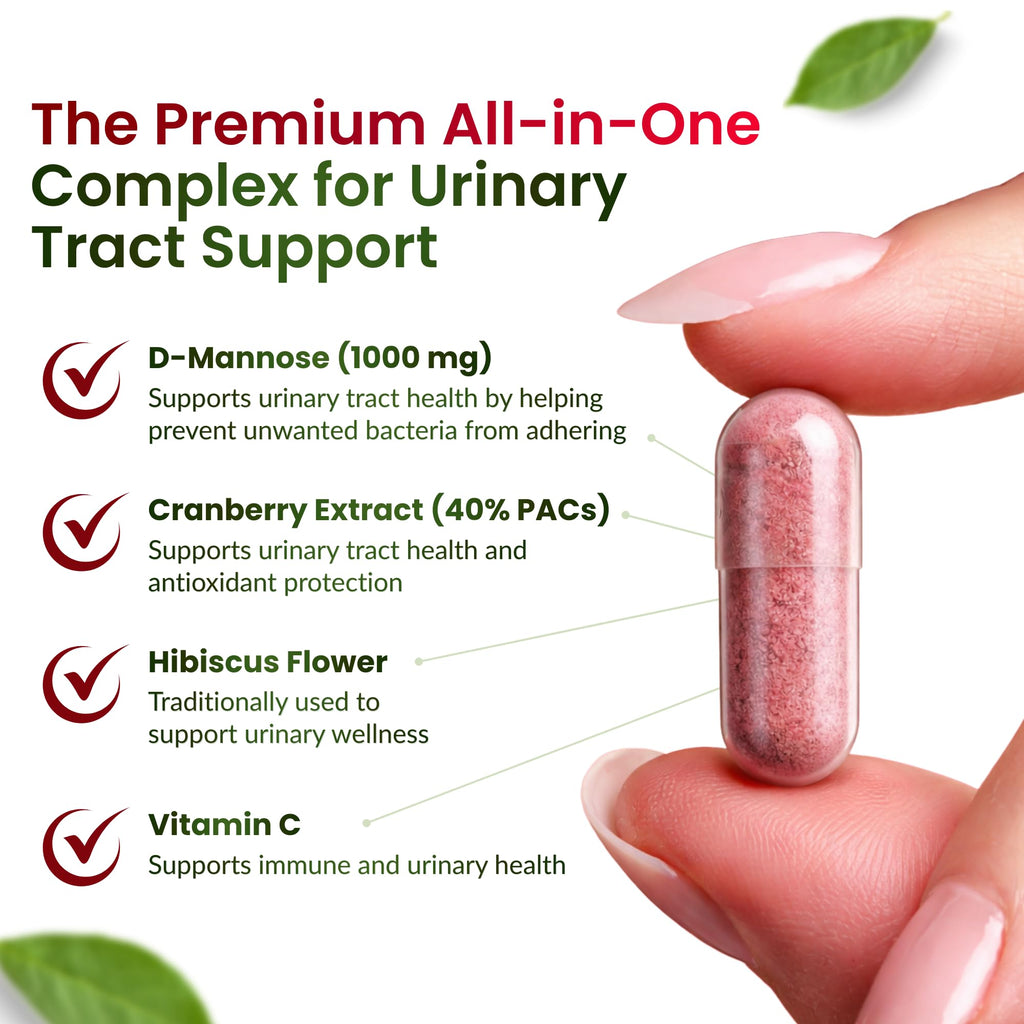 D Mannose 1000mg Capsules - D-Mannose with Cranberry, Hibiscus & VIT C, Urinary Tract Health for Women and Men, Organic DMannose Pills for UTI, Urinary Health & Bladder Support 60 Capsules