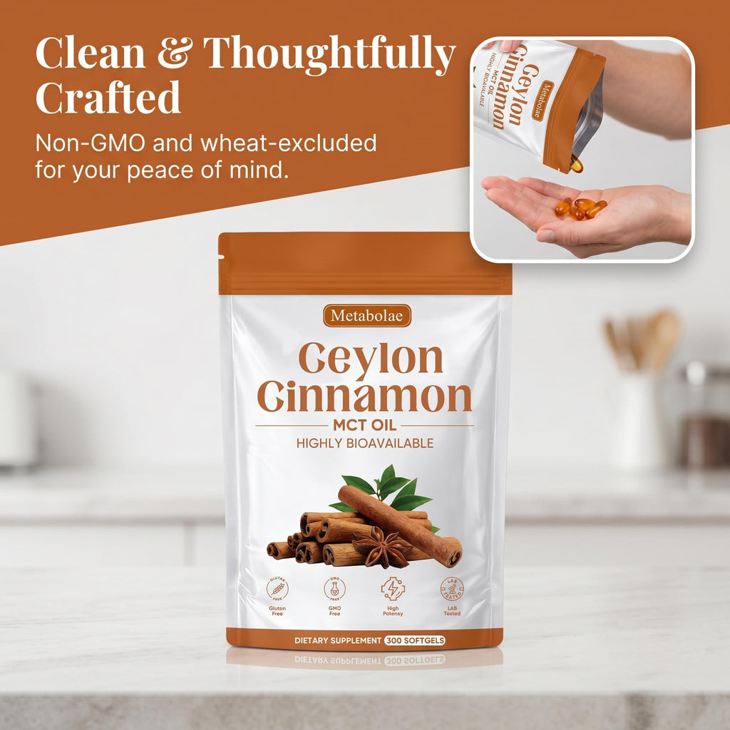 Metabolae Ceylon Cinnamon - 300 Softgels, 12:1 Concentrated Cinnamon Extract with MCT Oil, High Absorption Formula, Daily Wellness Support Supplement, Non-GMO & Gluten-Free