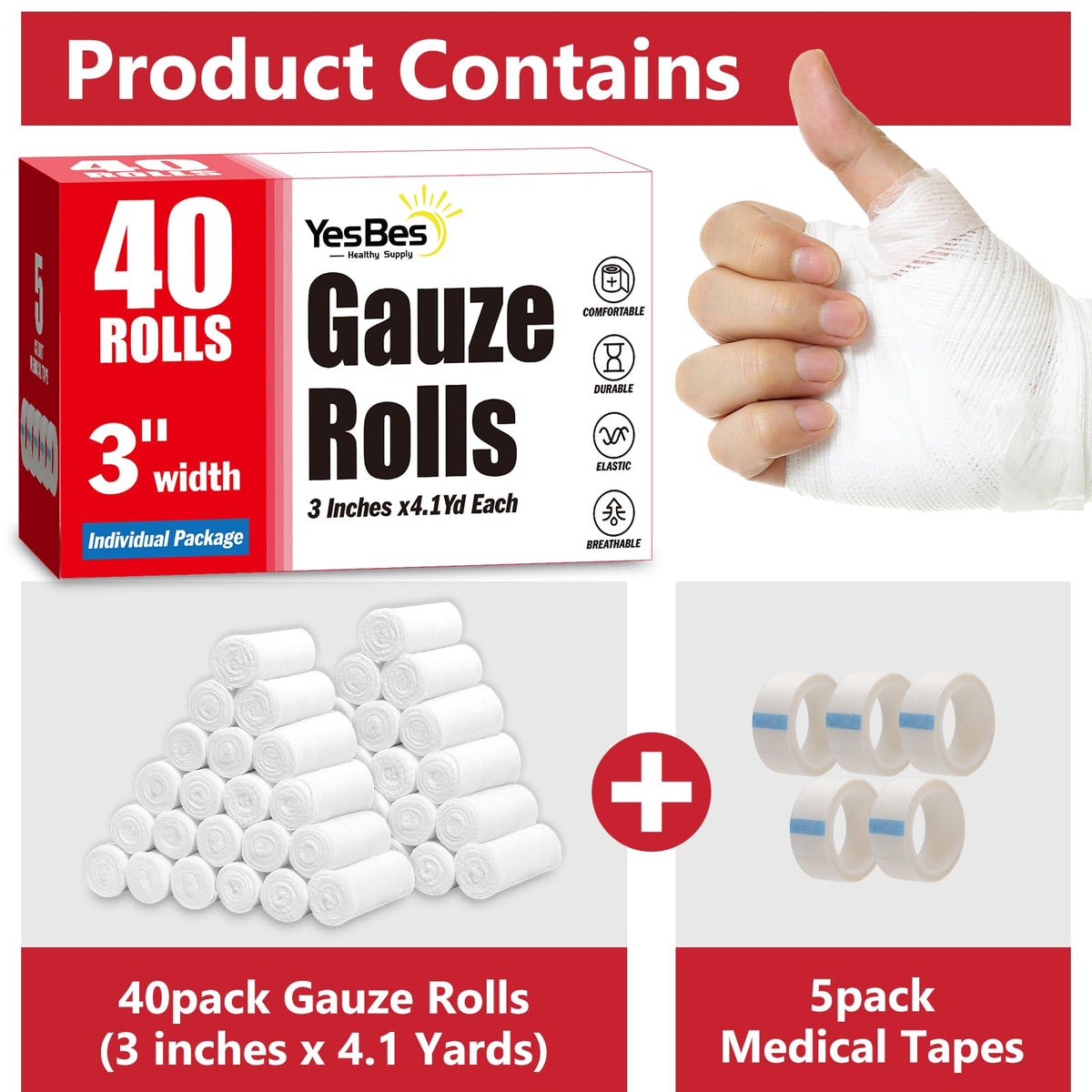 YesBes 40 Pack Gauze Rolls, 3 in x 4.1 Yards, Premium Gauze Wrap Roll for Wounds, Bandage Wrap Rolled Gauzes, Mummy Wraps, Individually Wrapped