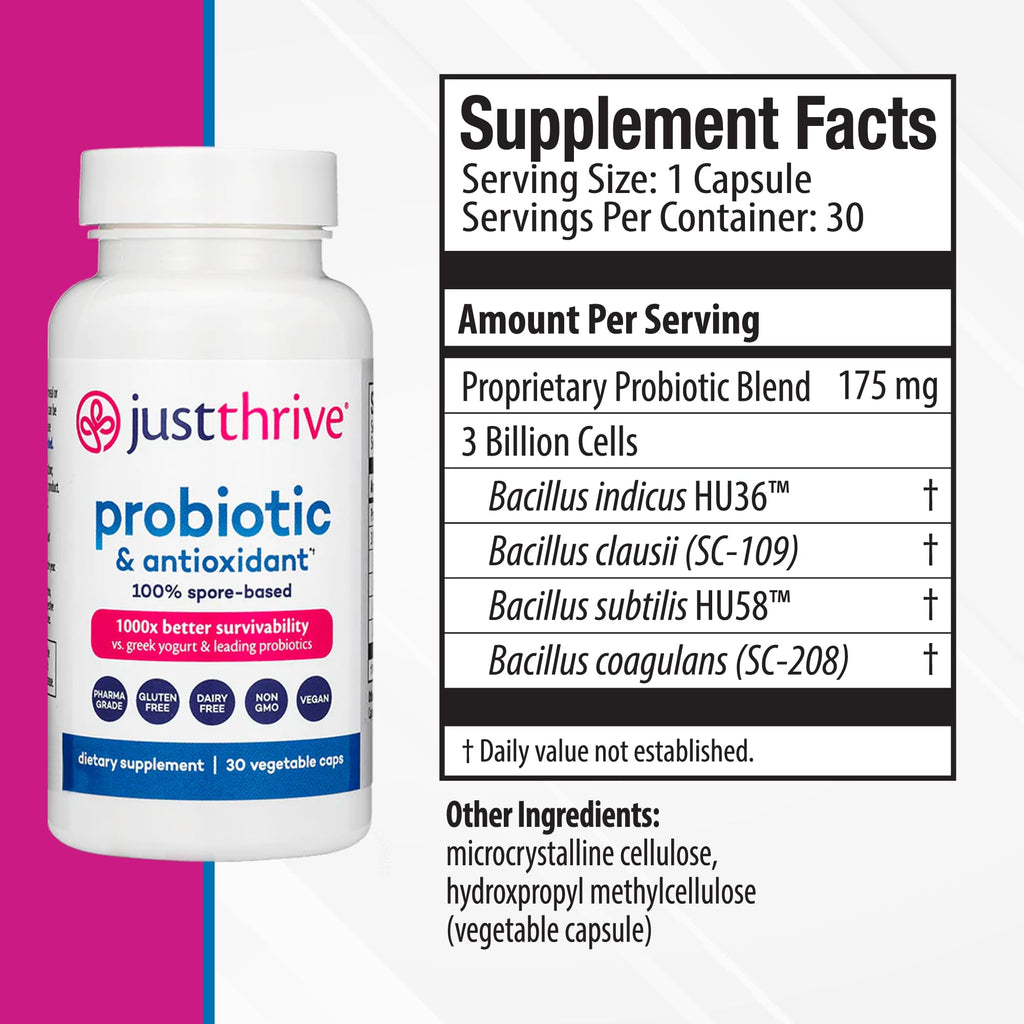 Just Thrive Probiotic & Antioxidant 100% Spore-Based Digestive Support | 30 capsules, 100% spore-based probiotic and antioxidant formula, Gluten free, Supports digestive and immune health