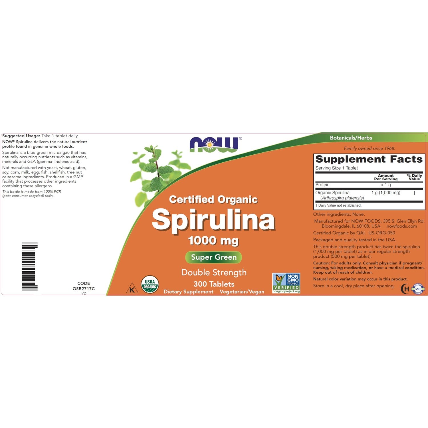NOW Foods Organic Spirulina 1000mg Tablets - 300 Count - Non-GMO, Super Green Whole Food Supplement - Double Strength