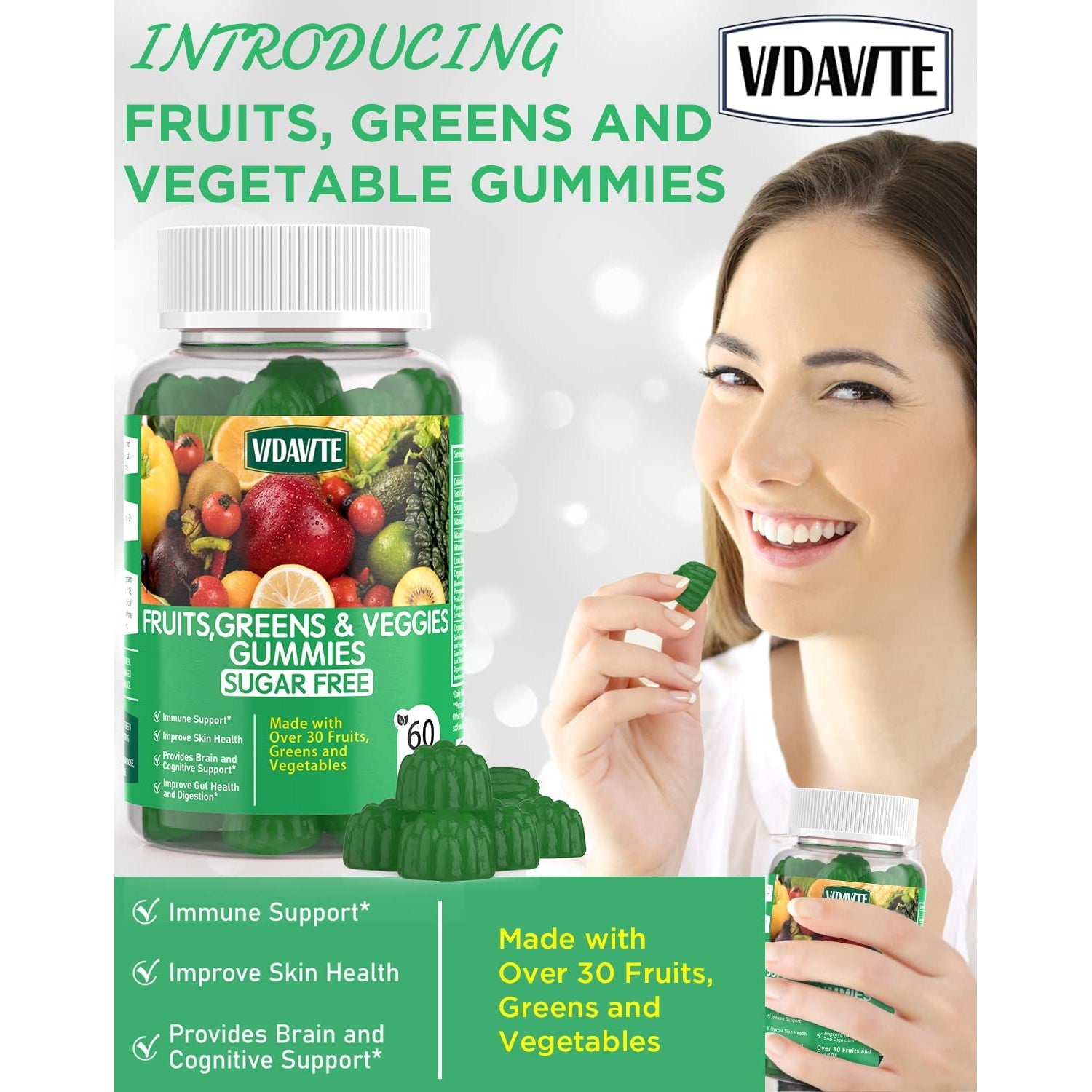 Sugar-Free Super Greens Gummies — Fruits and Veggies Supplement (30-Days) | US-Made, 35+ Greens, Veggie & Fruit Gummies to Boost Immunity, Skin & Gut Health - Ideal for Adults & Picky Teens(60 Gummies)