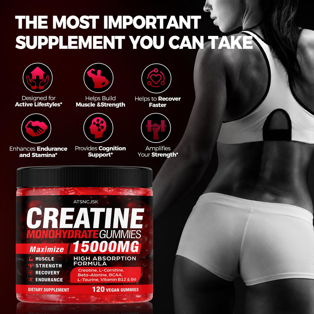 Creatine Gummies Monohydrate Complex, Pre-Workout for Men & Women, Creatine Gummy with L-Taurine, BCAA 2:1, B12/6 for Muscle Support, Enhance Strength, Energy Boost-120 Count