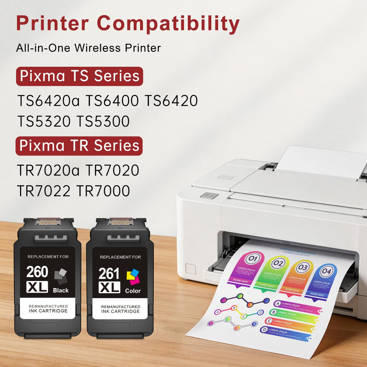 Replaced for Canon PG-260 / CL-261 for Canon 260 and 261 Ink Cartridges 2PK