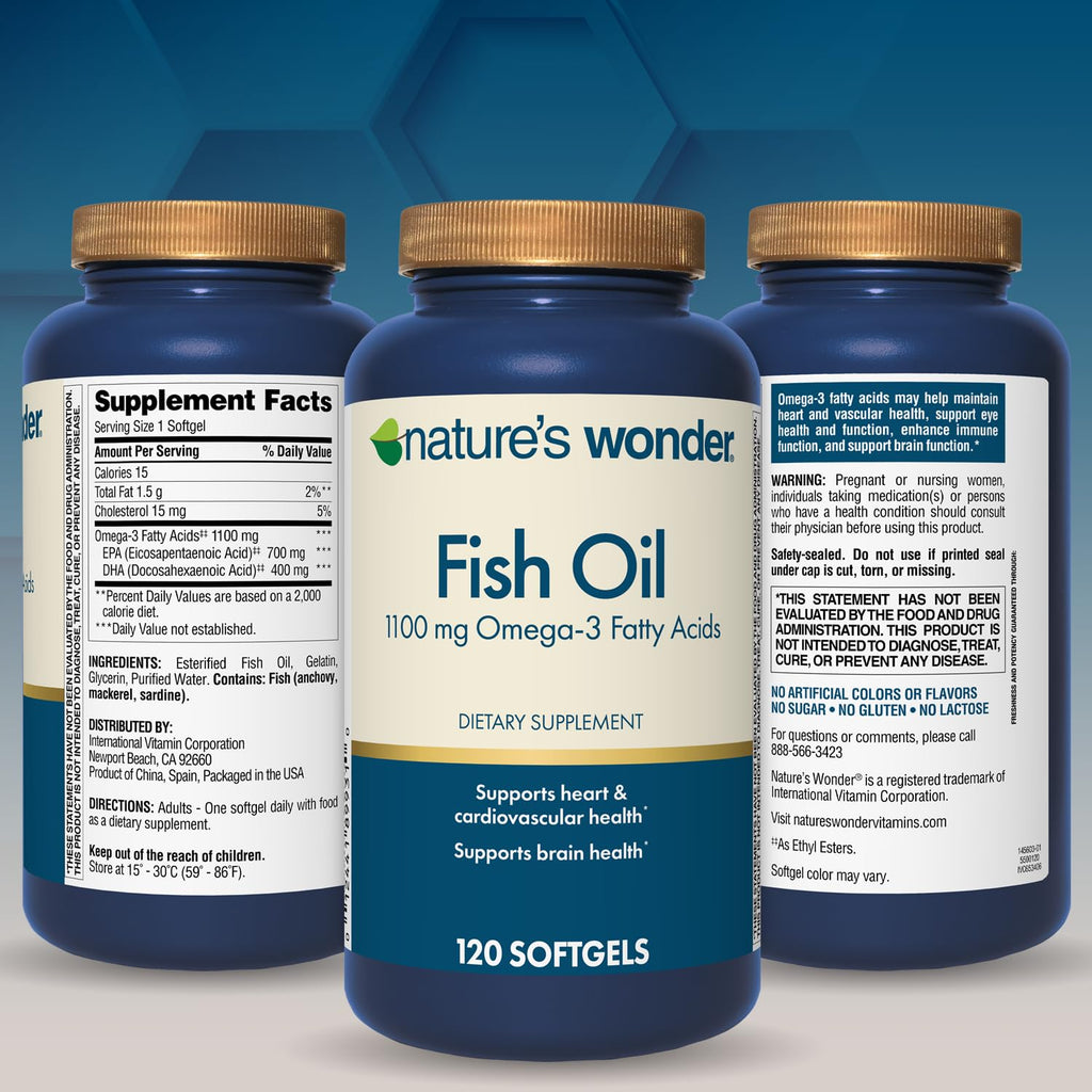 Nature's Wonder Fish Oil 1100mg Omega-3 Fatty Acids EPA & DHA,120 Softgels | Whole Body Support Joint, Heart, Immune, Eye & Brain Health for Women & Men, Rigorously Tested, Gluten-Free, 120 Day Supply