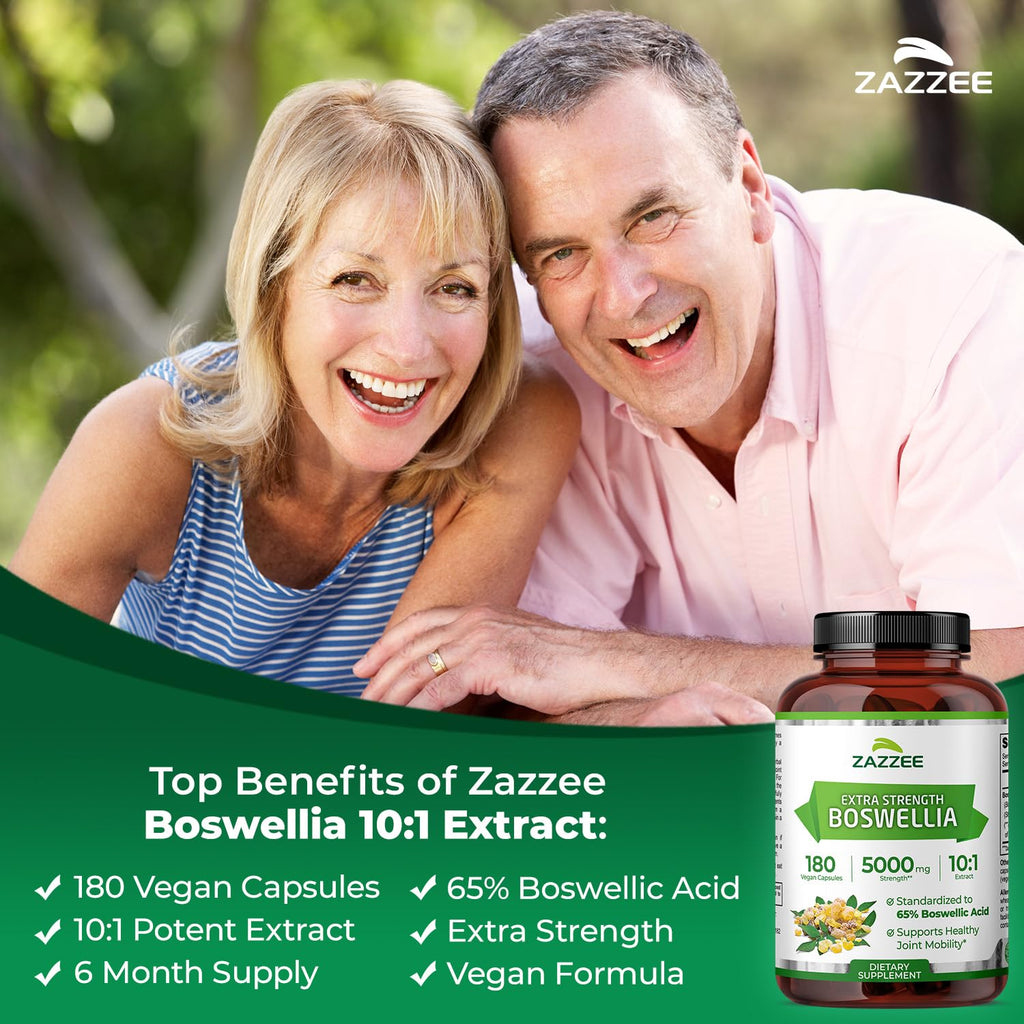 Zazzee Extra Strength Boswellia 10:1 Extract, 180 Capsules, 6 Month Supply | 65% Boswellic Acid, Vegan, Boswellia Serrata, Joint Comfort, Mobility & Flexibility Support, Non-GMO, Made in the USA