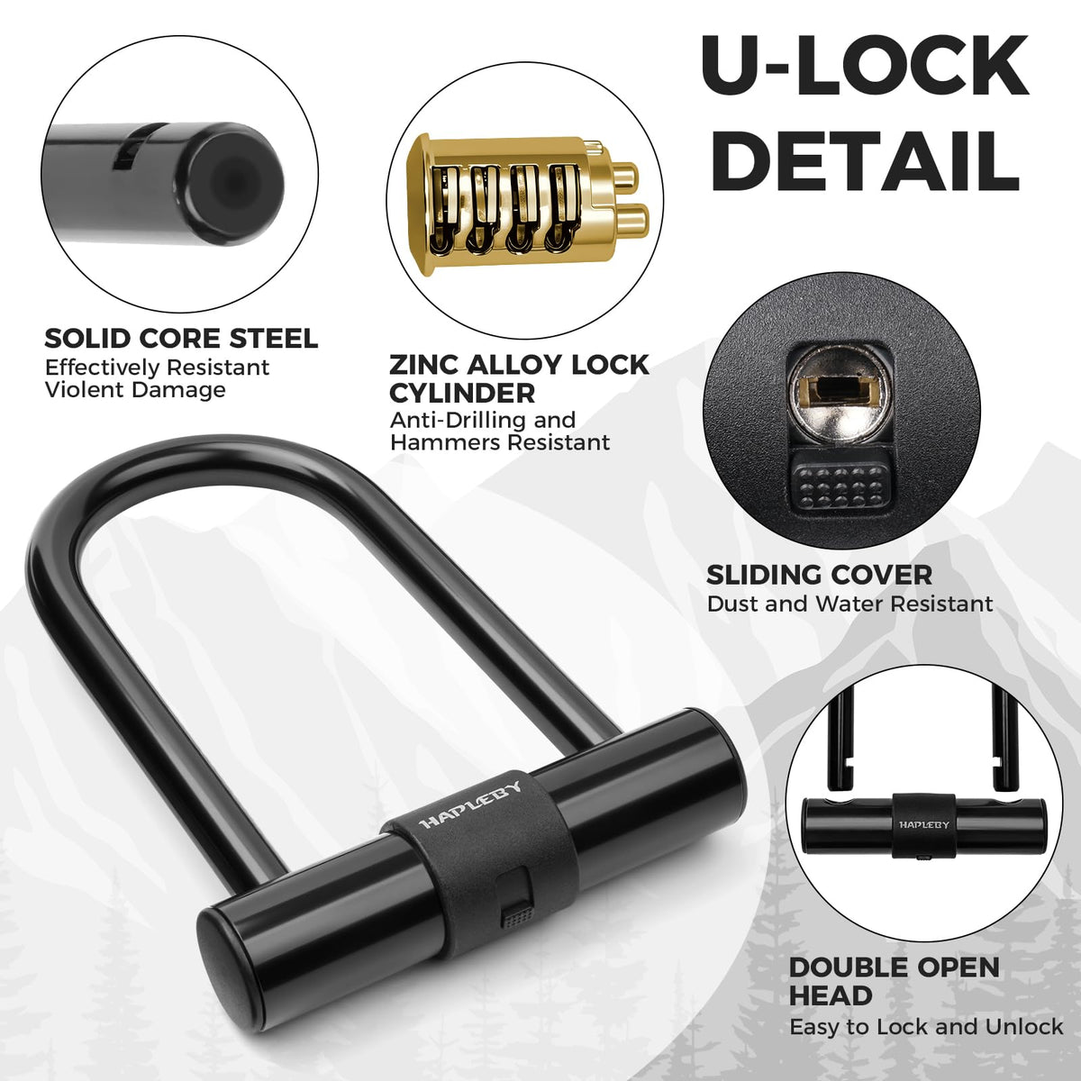 Hapleby Premium Bike Lock Set with 2 Keys, Bike U-Lock with 6 Feet Thickened Solid Steel Cable, Heavy Duty Anti Theft Bicycle U-Lock with Mounting Bracket for Road, Mountain, Folding Bike and Scooter