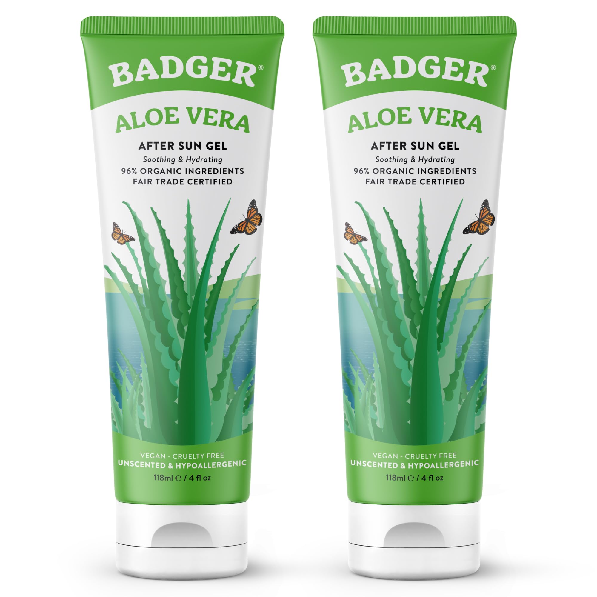 Badger Organic Aloe Vera Gel for Face & Body, 96% Pure Unscented Organic Aloe Gel for Cooling, Soothing, Non-Sticky Sunburn Relief, Vegan, Fair Trade & Hypoallergenic, 4 fl oz, 2-Pack