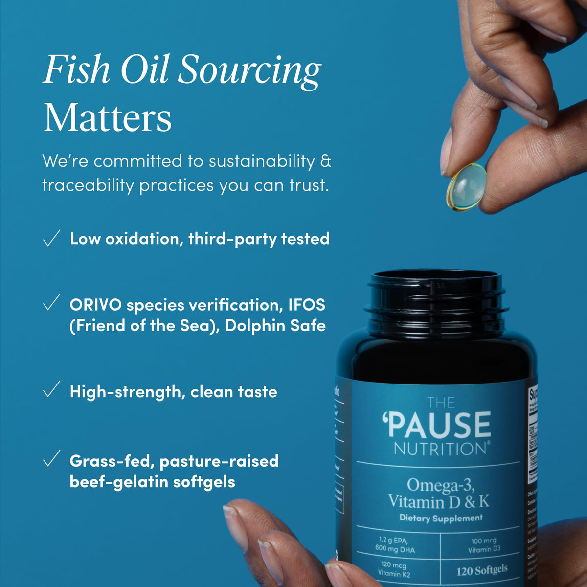 The 'Pause Life Omega 3, Vitamin D3 & K2 Fish Oil Supplement, 120 Softgels