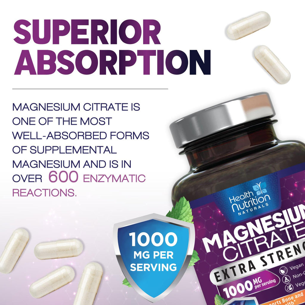 Magnesium Citrate 1000mg Per Serving - Max Absorption Magnesium Powder Capsules for Muscle, Nerve and Heart Health Support, High Absorption Citrate Complex, Gluten Free, Non-GMO - 120 Capsules