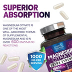 Magnesium Citrate 1000mg Per Serving - Max Absorption Magnesium Powder Capsules for Muscle, Nerve and Heart Health Support, High Absorption Citrate Complex, Gluten Free, Non-GMO - 120 Capsules