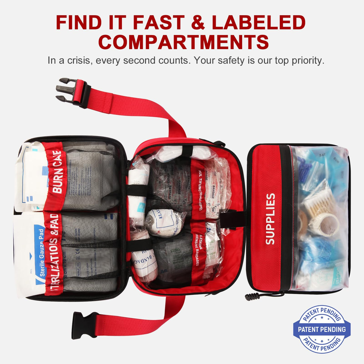 516 Piece First Aid Kit for Car, Travel & Home, FSA Eligible HSA Items - Large Professional Waterproof Compact Labeled Emergency Kit with Molle Shoulder Strap for Camping, Hiking & Survival