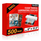 RAZCC Laminating Sheets, 500 Pack Clear Thermal Laminating Plastic Paper Laminator Sheets, 9 x 11.5-Inch, 3mil, Ideal Office or School Supplies