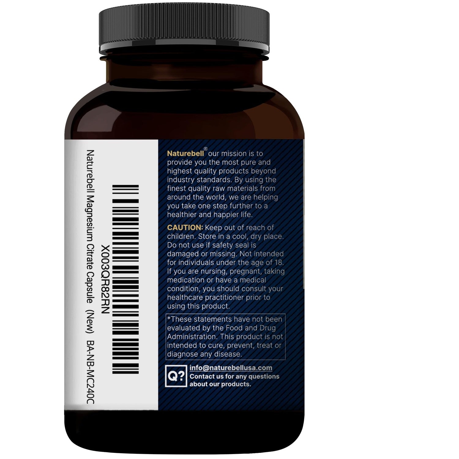 NatureBell Pure Magnesium Citrate 500mg per 3 Capsules Serving Size, 240 Capsules per Bottle | High-Purity Elemental Form | Non-GMO, Gluten-Free