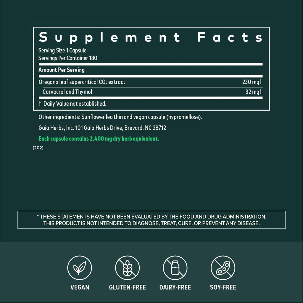 Gaia Herbs Oil of Oregano Capsules - 230 mg Oregano Leaf - Immune & Antioxidant Support Supplement with Oregano Oil, Carvacrol & Thymol* - 180 Vegan Liquid Phyto-Caps (180 Servings)