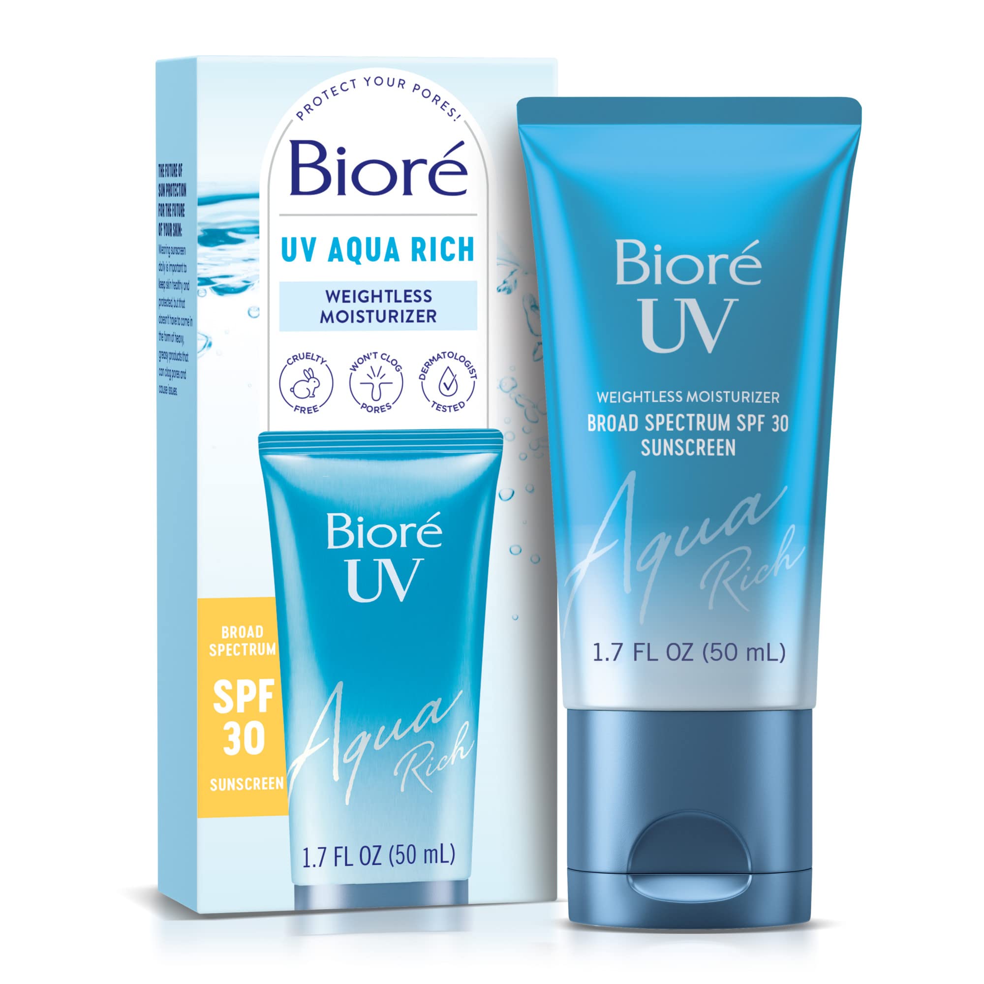 Biore UV Aqua Rich Moisturizer SPF 50 Facial Sunscreen, 1.7 fl oz | Oil-Free Daily Face Sunscreen, Hyaluronic Acid, Lightweight, Non-Comedogenic, Dermatologist Tested, Sensitive Skin