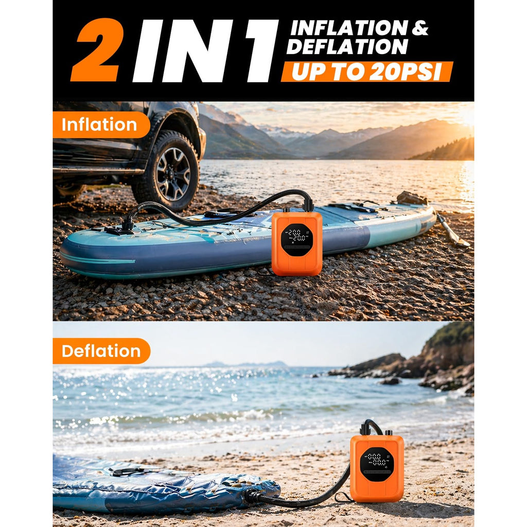 12V Car-Powered Paddle Board Pump, Electric SUP Pump with Auto-Off, Dual-Stage Fast Inflation to 20 PSI, Inflate/Deflate Air Pump with 7 Nozzles for Paddle Boards, Kayaks & Inflatables