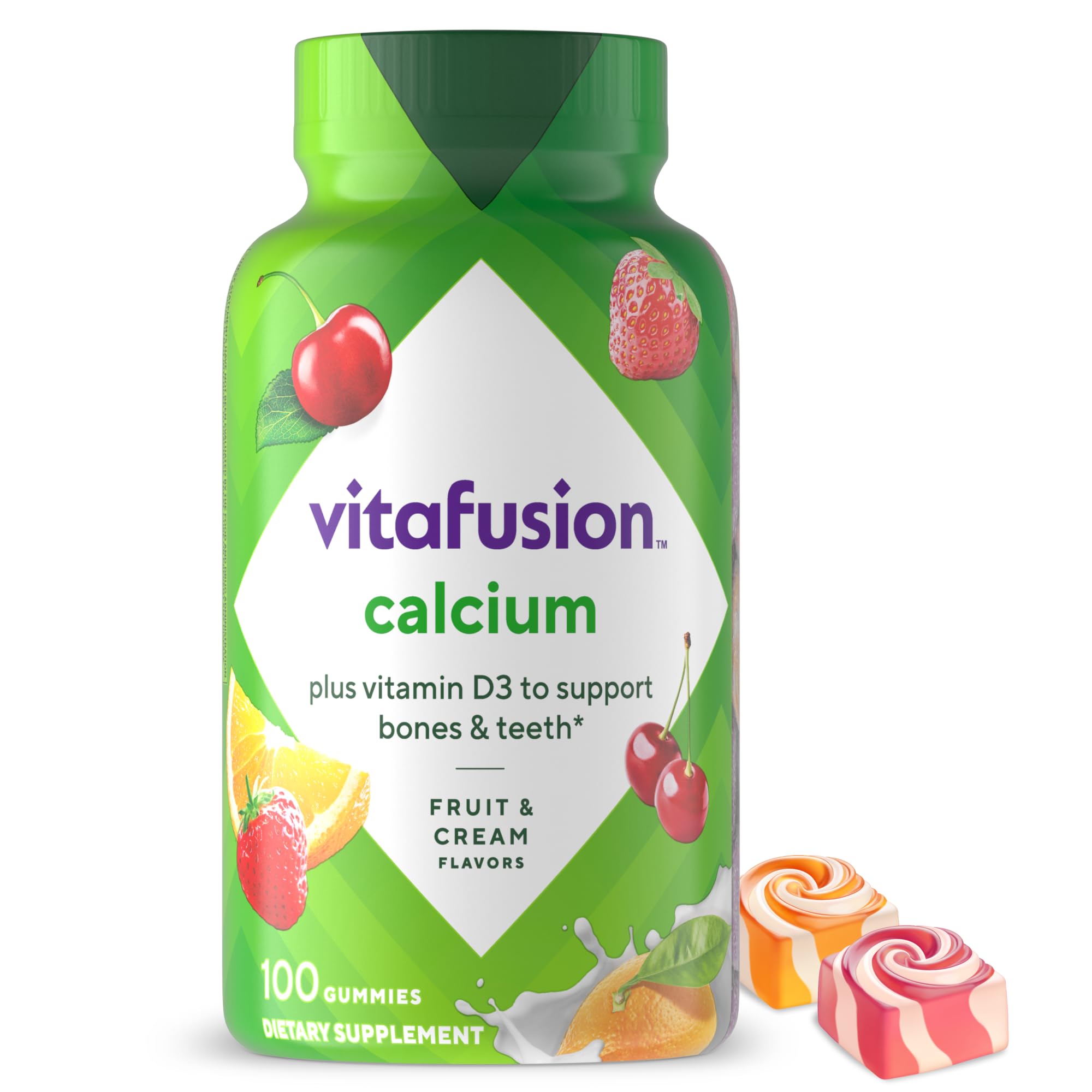 Vitafusion Calcium Gummies | 500 mg | 100 Adult Gummy Vitamins | for Women and Men | with Vitamin D3 | Fruit & Cream Flavors | Gluten and Dairy Free Bone and Teeth Supplement