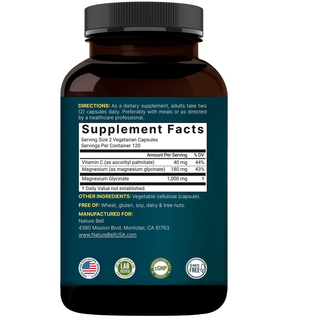 NatureBell Pure Magnesium Glycinate 1,000 mg, 240 Vegetarian Capsules | 1,000 mg Magnesium Glycinate Per Serving - Chelated Magnesium Form with Vitamin C – Non-GMO, Filler Free, cGMP Manufactured