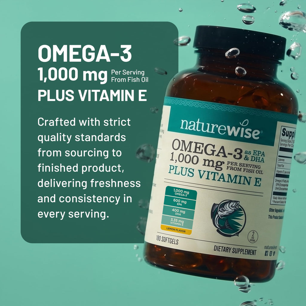 NatureWise Extra-Strength Omega 3 Fish Oil Supplement - 1000mg per Serving - 600 EPA & 400 DHA and Vitamin E - Sustainably Sourced Fish Oil - Lemon Flavor - 60 Softgels[1-Month Supply]