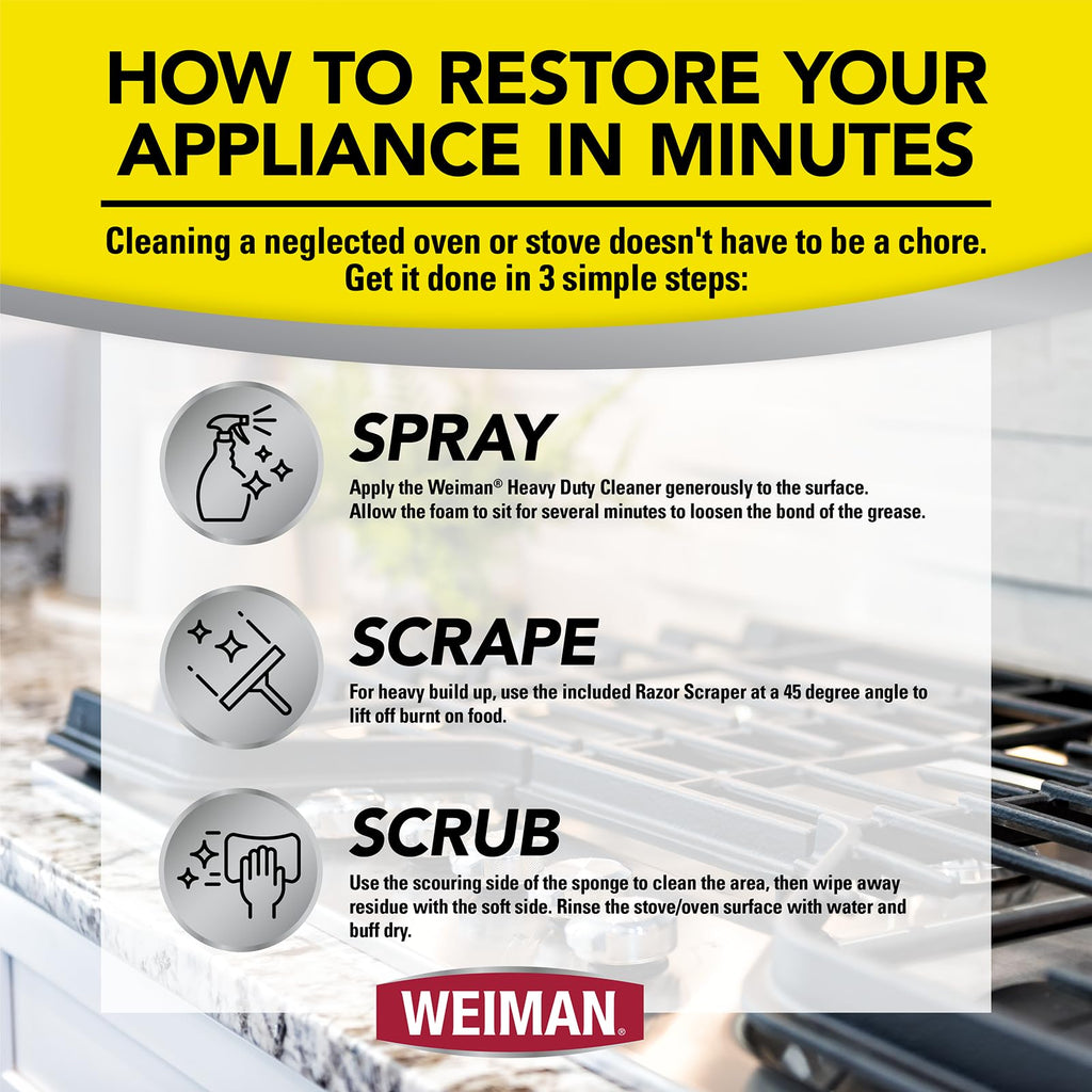 Weiman Heavy Duty Stove and Oven Cleaner 3 Piece Total Clean Kit, For Baked on Grease, Grime, Carbonized Food, Includes Foaming Cleaner (24oz), Precision Razor Tool, Dual-Action Scrub & Shine Sponge