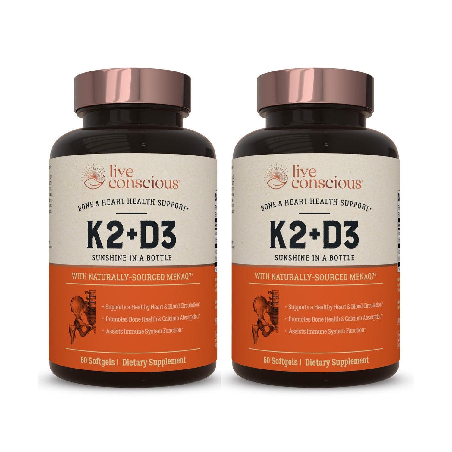 Live Conscious Vitamin K2 MK7 with D3 Supplement | Bone & Heart Health Support - Patented Vitamin K & Vitamin D3 5000 IU - 60 Softgels