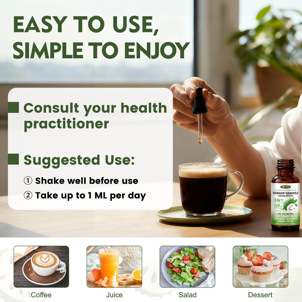 Herbs 8-in-1 Soursop Graviola Bitters Liquid Drops, 1 fl oz | Soursop Leaf Extract Drops, Sea Moss, Ashwagandha & Turmeric, Immune, Liver, Antioxidant & Sleep Support, Alcohol-Free