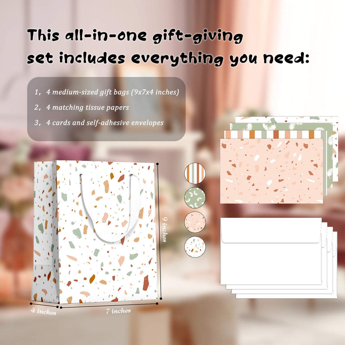 slapaflife Gift Bags Medium Size, Tissue Paper for Gift Bags Incl.Cards & Self-adhesive Envelope - Reusable & For Birthday, Mothers Day, Wedding, Baby Shower and Any Occasion.(4 Pack- 9")