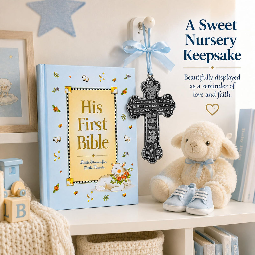 Baby Boy First Bible and 4" Pewter Baptism Guardian Angel Crib Cross (Original Version)-L8