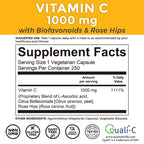 Viva Naturals Vitamin C, 1000 mg, 250 Vegetarian Capsules – with Citrus Bioflavonoids & Rose HIPS, Non-GMO for Immune Support & Antioxidant Protection
