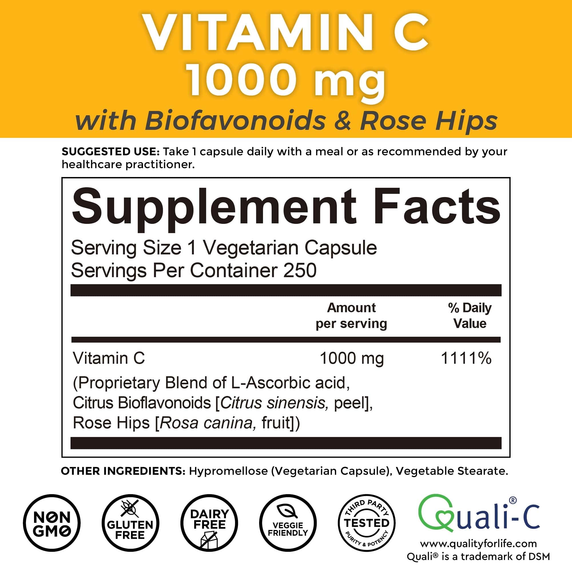 Viva Naturals Vitamin C, 1000 mg, 250 Vegetarian Capsules – with Citrus Bioflavonoids & Rose HIPS, Non-GMO for Immune Support & Antioxidant Protection