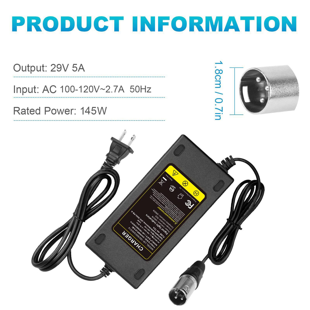 29V 5A for 24V 5A 3-Pin Male XLR Connector Battery Charger for Lakematic, Pride Mobility, Jazzy Power Chair, Drive Medical, Golden Technologies, Shoprider, Rascal 200T/500T/301 PC 24BC5000TF-1