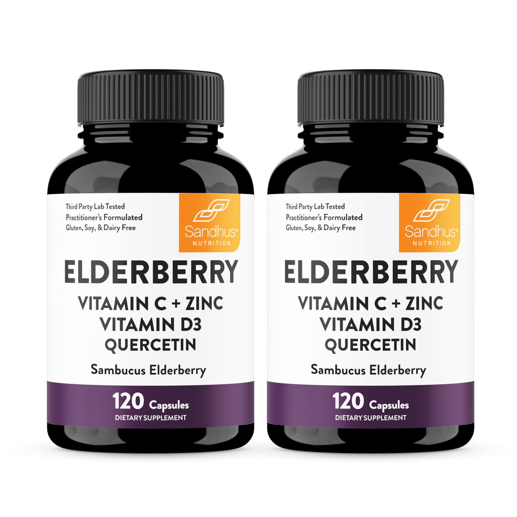 Elderberry Vitamin C and Zinc Capsules with D3 and Quercetin, 120 Count | 6-in-1 Immune Support Supplements For Adults, Sambucus Extract Zink Ginger USA Made in NSF GMP Certified Facility By Sandhu's