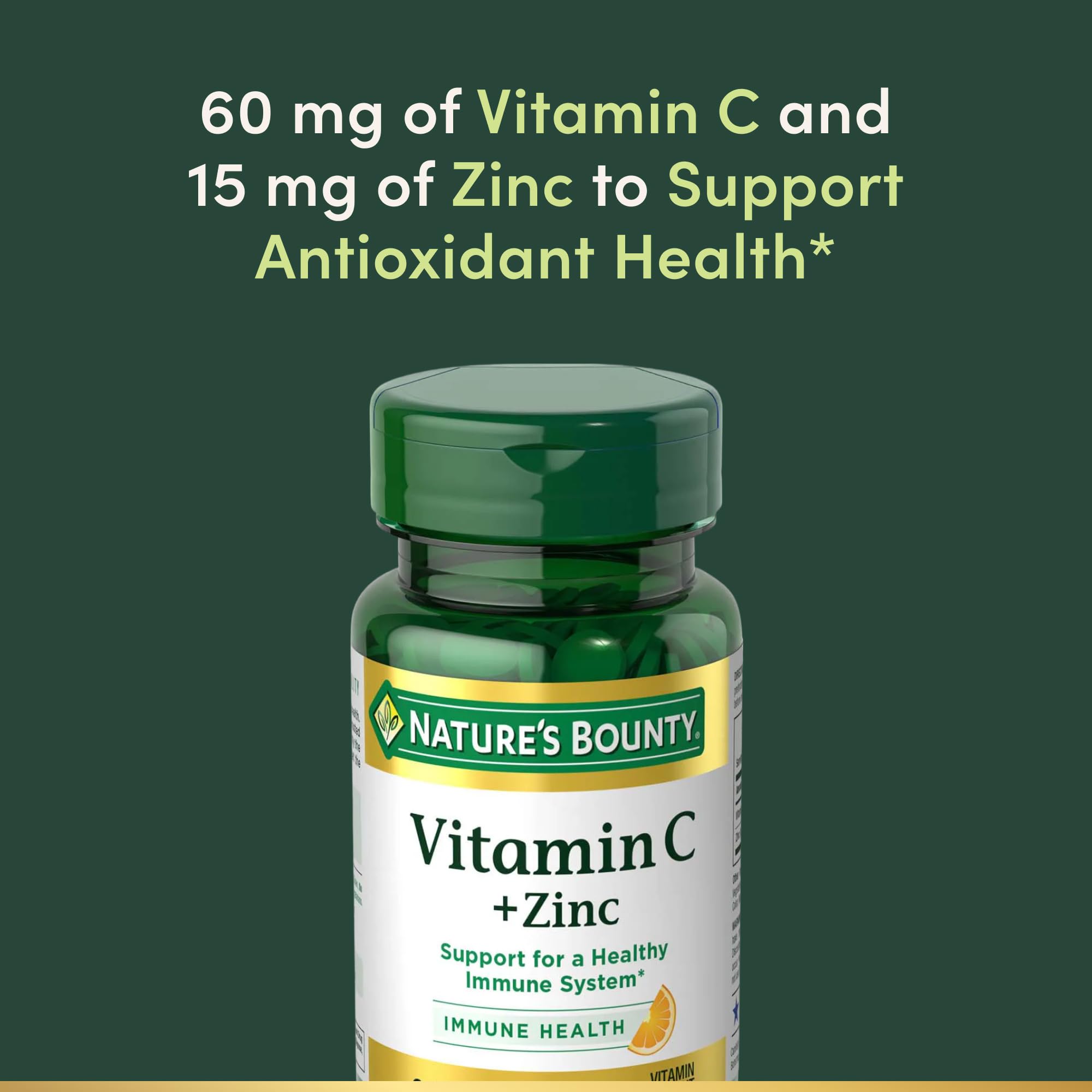 Nature's Bounty Vitamin C + Zinc, Vitamin Supplement, 60mg, 60 Tablets | Supports Immune Health