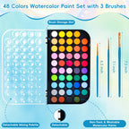 48 Color Solid Watercolor Paint Set with 3 Wooden Brushes for Adults Kids