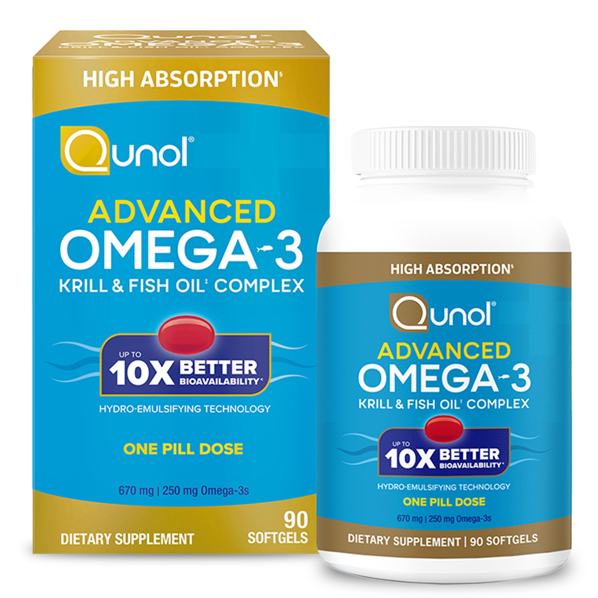 Qunol Advanced Omega-3 Krill & Fish Oil Complex, 250mg EPA & DHA, 90ct | 10x Better Bioavailability, High Absorption, One Pill Dose, Supports Brain, Eye, Heart and Joint Health; Gluten-Free