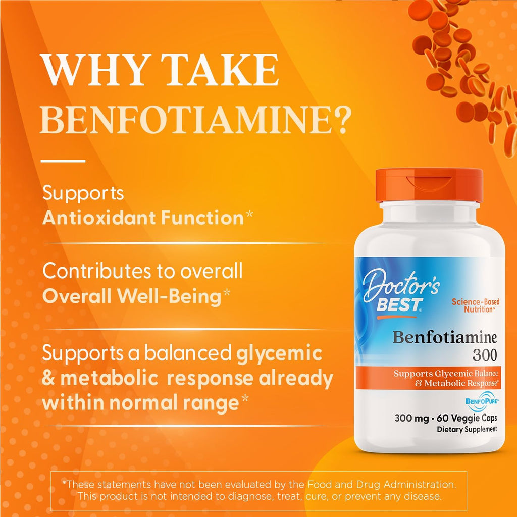 Buy now Doctor's Best Benfotiamine 300 with BenfoPure, Helps Maintain Healthy Glucose Metabolism, Non-GMO, Vegan, Gluten Free, Soy Free, 300 mg, 60 Veggie Caps at indiglob india