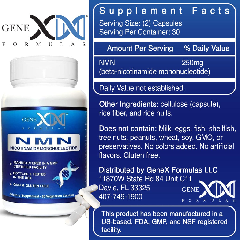 Genex Formulas NMN 250 mg Dose Stabilized Form 99% Pure Supplement 60 Caps | NMN Supplement for Cellular Energy, Increased NAD Levels, DNA Repair, and Healthy Aging, GMP Certified, 30 Day Supply