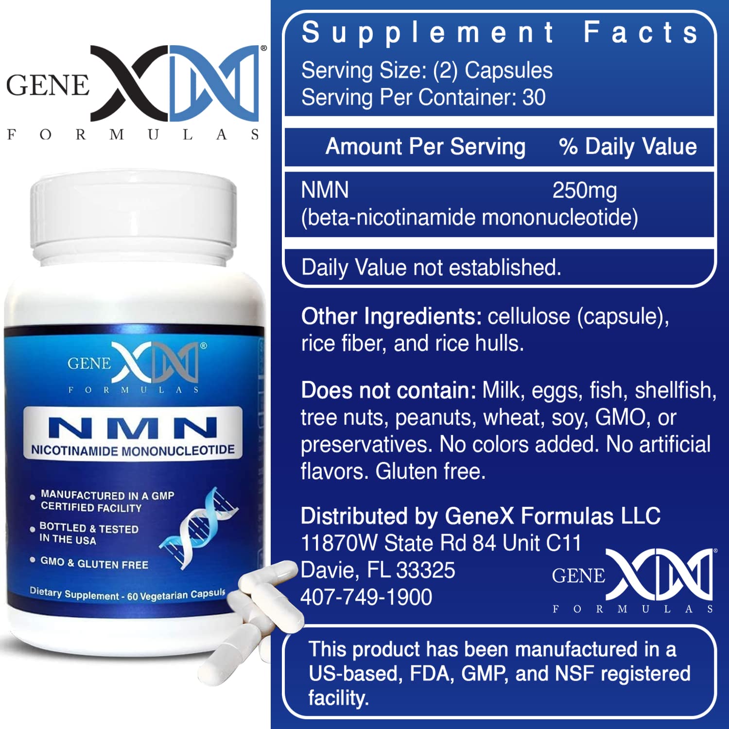 Genex Formulas NMN 250 mg Dose Stabilized Form 99% Pure Supplement 60 Caps | NMN Supplement for Cellular Energy, Increased NAD Levels, DNA Repair, and Healthy Aging, GMP Certified, 30 Day Supply