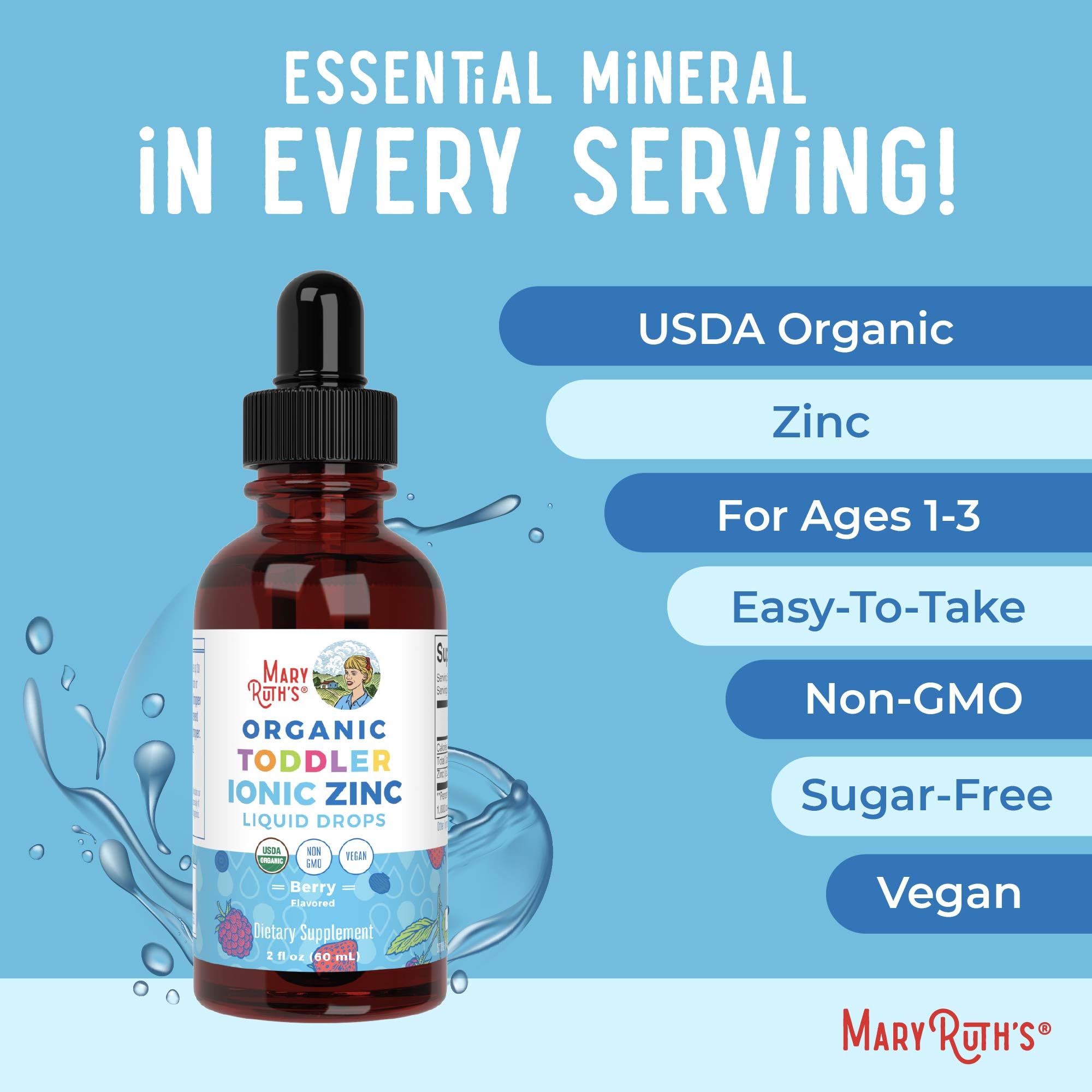 MaryRuth's Organic Toddler Zinc Liquid Drops, Berry Flavor, Vegan, 2 Fl Oz | Immune Support Supplement, Skin Health, Vegan, Formulated for Ages 1-3, 1 Month Supply