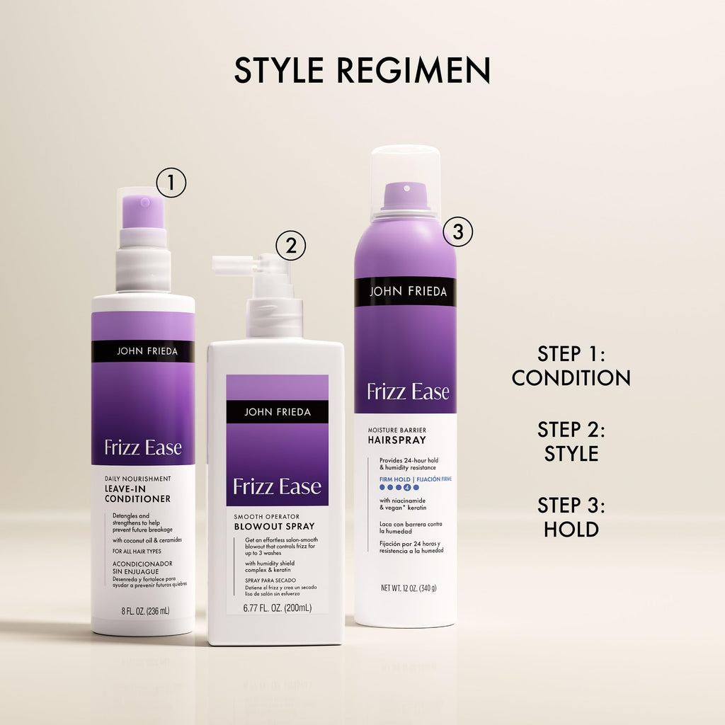 John Frieda Frizz Ease Moisture Barrier Firm Hold Hairspray, 12 oz | Anti-Frizz Hairspray, Blocks Humidity, Heat Protectant, Long-Lasting Firm Hold, Keeps Hair Straight, Frizzy Hair Control