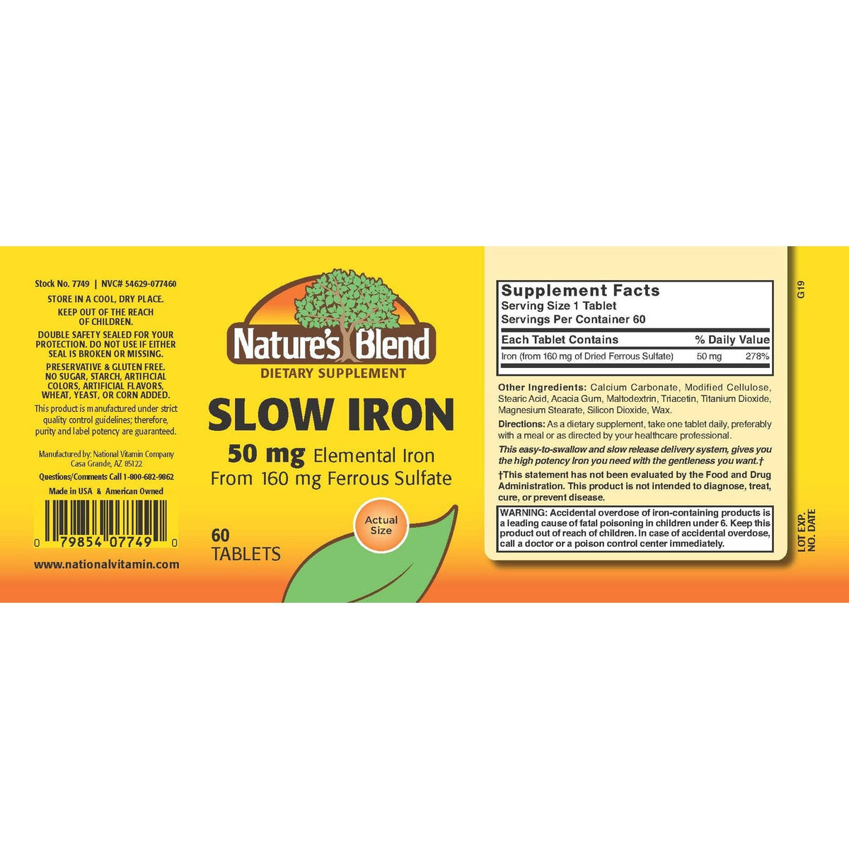 Nature's Blend Slow Iron 50 mg (160 mg) Compare to Slow Fe® 60 Tablets